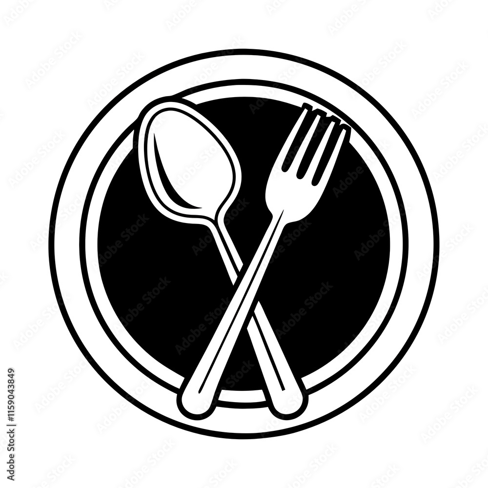 Abstract logo of a cafe or restaurant. A spoon and fork on a plate. A simple outline. Abstract logo of a cafe or restaurant. A spoon and fork on a plate. A simple outline.