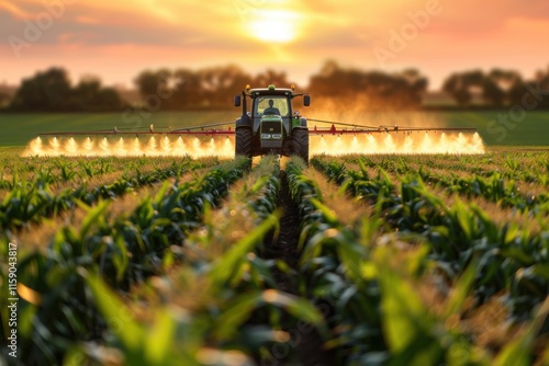 Tractor spraying crops in a lush green cornfield at sunset, with golden light illuminating the mist  photo