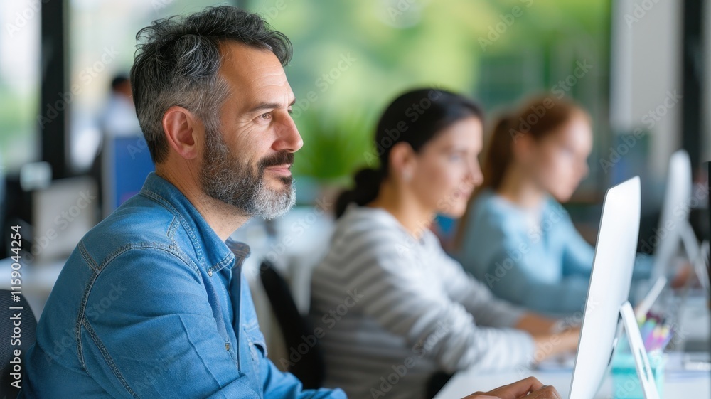 A focused group of professionals working on computers in a modern office, showcasing collaboration and productivity. A focused group of professionals working on computers in a modern office, showcasing collaboration and productivity.
