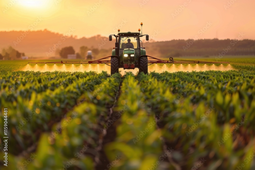 Tractor spraying crops in a lush green cornfield at sunset, with golden light illuminating the mist and Tractor spraying crops in a lush green cornfield at sunset, with golden light illuminating the mist and