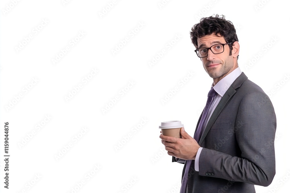 Portrait of a Businessman in Glasses Holding a Coffee Cup on a White Background Depicting a Contemporary and Relatable Corporate Professional Image for Business and Commercial Use Portrait of a Businessman in Glasses Holding a Coffee Cup on a White Background Depicting a Contemporary and Relatable Corporate Professional Image for Business and Commercial Use