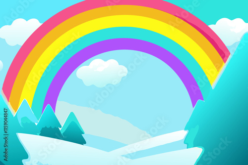 Stock photo of A realistic rainbow curving over a snowy alpine la, a captivating view designed for vibrant and professional use in visual projects.