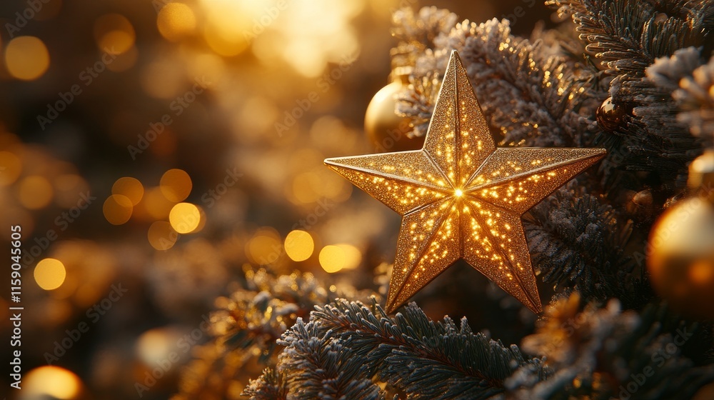 Golden Christmas Star Decoration on Evergreen Tree Golden Christmas Star Decoration on Evergreen Tree