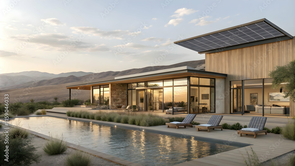 Modern Sustainable Home with Pool in a Desert Landscape at Sunset Modern Sustainable Home with Pool in a Desert Landscape at Sunset
