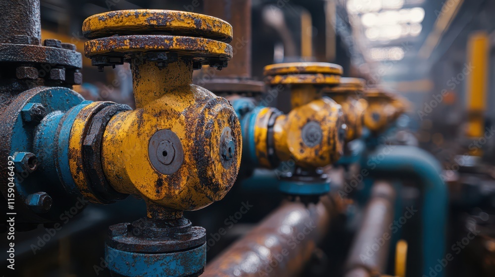 Close-up of industrial valves in a pipeline system with rusted metal pipes, showcasing industrial machinery and mechanical engineering. Close-up of industrial valves in a pipeline system with rusted metal pipes, showcasing industrial machinery and mechanical engineering.