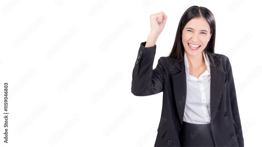 Happy young business woman raises one hands up, concept of victory and success, Studio shot Cheering businesswoman with arms raised into fists celebrating successful of business fist up in powerful Happy young business woman raises one hands up, concept of victory and success, Studio shot Cheering businesswoman with arms raised into fists celebrating successful of business fist up in powerful