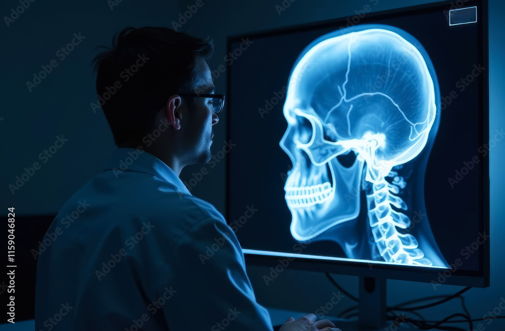 Obraz premium doctor looking at x-ray of human skull on large monitor in medical office