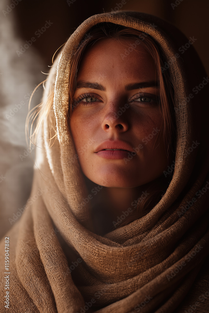 Portrait of a woman with a headscarf, looking directly at the camera Portrait of a woman with a headscarf, looking directly at the camera