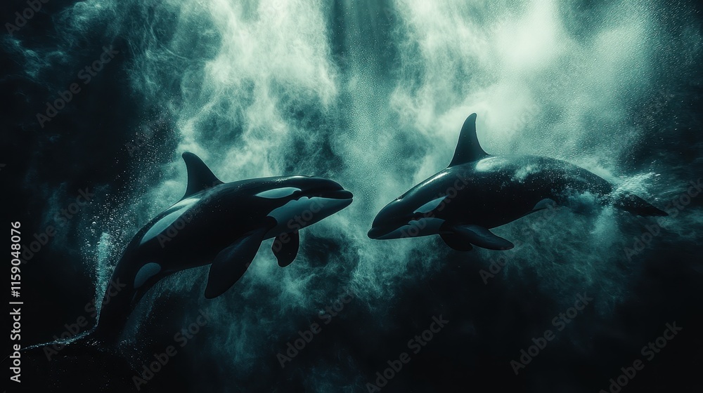 Naklejka premium Orcas Swimming Underwater in Dramatic Light 