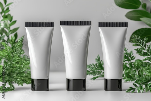 Wallpaper Mural Cosmetic Tubes with Greenery on White
 Torontodigital.ca