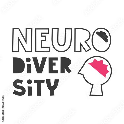 Neurodiversity lettering with unique brain silhouette. Neurodivergent spectrum awareness concept. Cognitive differences inclusion vector flat illustration.