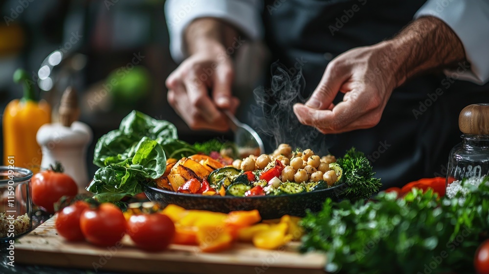 Close up of Chef Preparing Vibrant Vegan Buddha Bowl with Roasted Vegetables, Quinoa, Chickpeas, and Leafy Greens Close up of Chef Preparing Vibrant Vegan Buddha Bowl with Roasted Vegetables, Quinoa, Chickpeas, and Leafy Greens