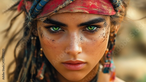 Close-up portrait of a fierce woman with vibrant green eyes and earthy makeup.