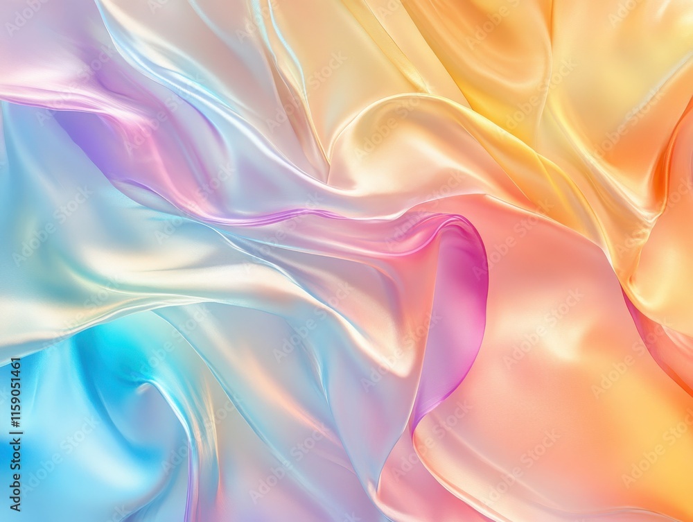 Colorful Silk Fabric with Soft Drapes Highlighting Gentle Waves and Subtle Reflections in Pastel Tones of Blue, Pink, Orange, and Yellow for Visual Aesthetics in Design Colorful Silk Fabric with Soft Drapes Highlighting Gentle Waves and Subtle Reflections in Pastel Tones of Blue, Pink, Orange, and Yellow for Visual Aesthetics in Design