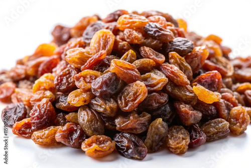 Close-up of a pile of mixed brown and golden raisins on a white background. photo