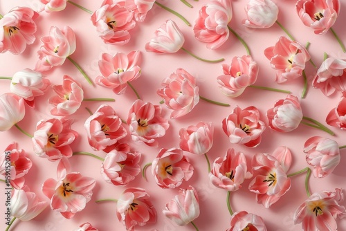 A whimsical arrangement of tulips in various pastel colors scattered across a light pink background, creating text space on the side. MZ