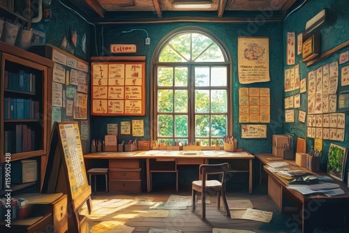 A sunlit artists studio filled with drawings and books