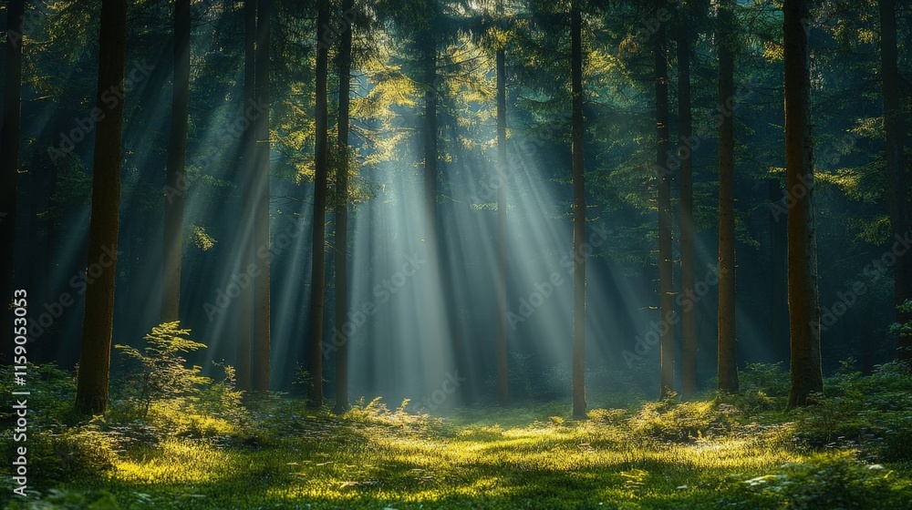 Obraz premium Sunbeams illuminate a lush green forest path.