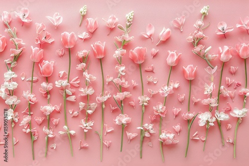 An exquisite arrangement of beautiful pink flowers set against a soft pastel pink backdrop perfect for occasions like Valentine s Day Easter Women s Day and Mother s Day This flat lay press. MZ