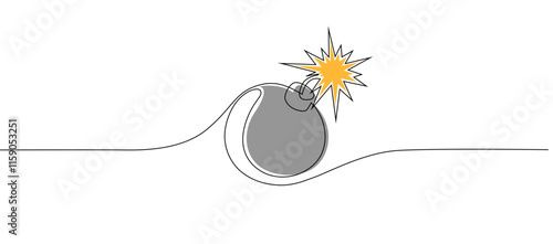 Bomb with burning fuse in one Continuous line drawing. Stress explosion and boom concept with fire wick in simple linear style. Divider in editable stroke. Vector illustration eps 10