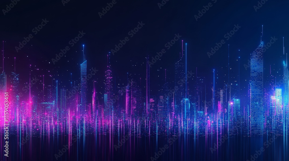 Futuristic digital cityscape with glowing lights in blue and purple tones, no shadow