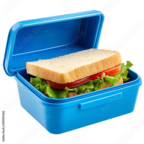 Sandwich with lettuce and tomato in blue lunchbox on transparent background
