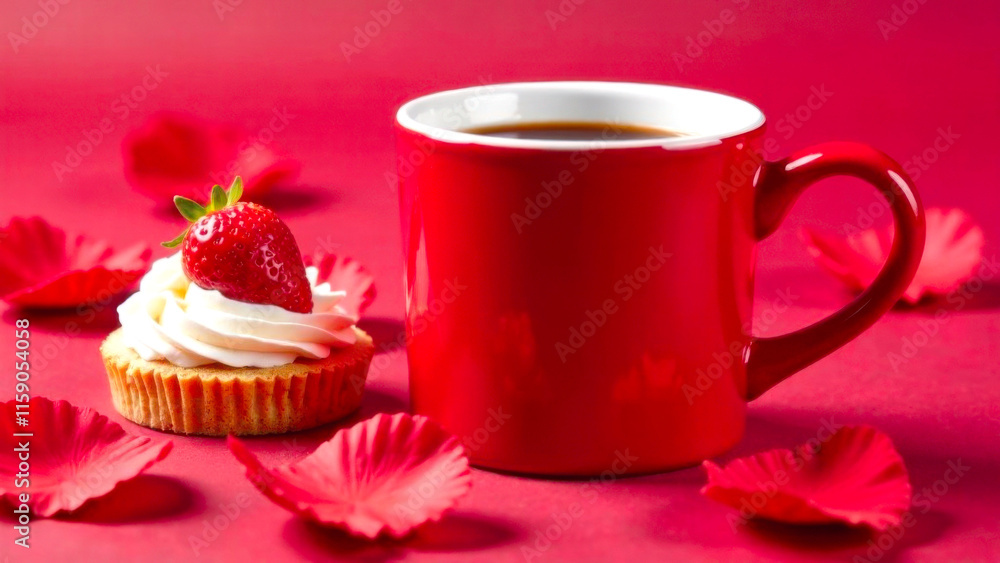 A red mug with hot coffee stands next to a small dessert decorated with heart-shaped strawberry slices. Pink petals scattered all over the dish create a romantic atmosphere. A red mug with hot coffee stands next to a small dessert decorated with heart-shaped strawberry slices. Pink petals scattered all over the dish create a romantic atmosphere.