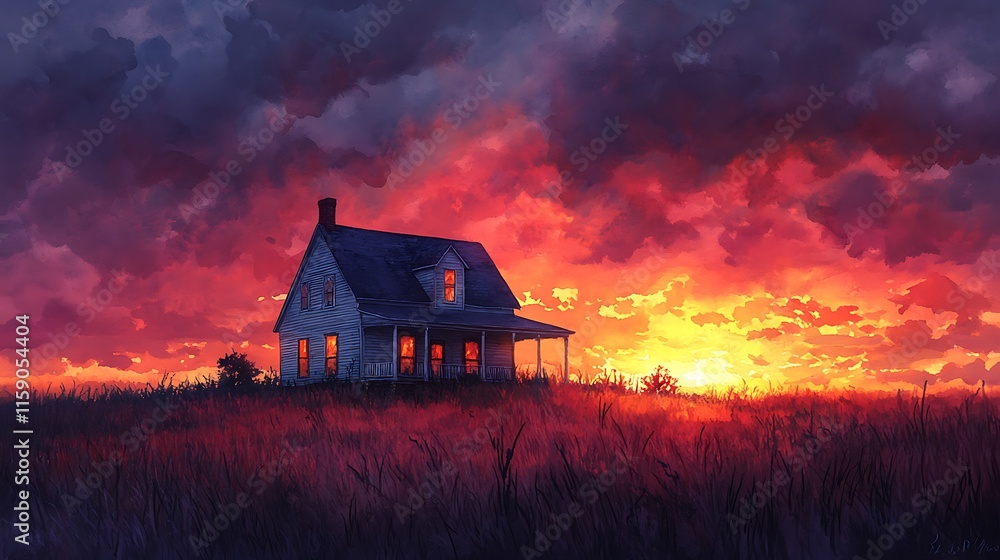 Sunset Over Rural House In Field Of Tall Grass Sunset Over Rural House In Field Of Tall Grass