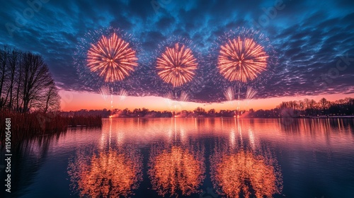 vibrant fireworks reflecting on serene lake at sunset