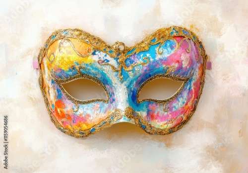 Colorful Venetian Mask with Intricate Patterns and Gold Accents Against a Soft Textured Background for Festival and Celebratory Themes photo