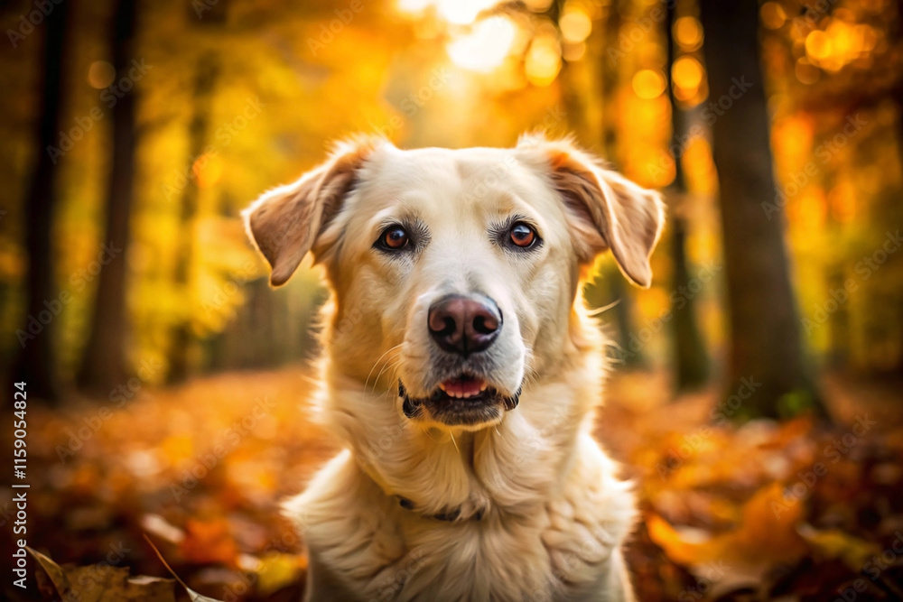 A golden retriever dog sits in autumn leaves. A golden retriever dog sits in autumn leaves.