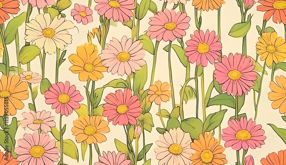 A seamless pattern of small, colorful wildflowers on a cream linen fabric A seamless pattern of small, colorful wildflowers on a cream linen fabric