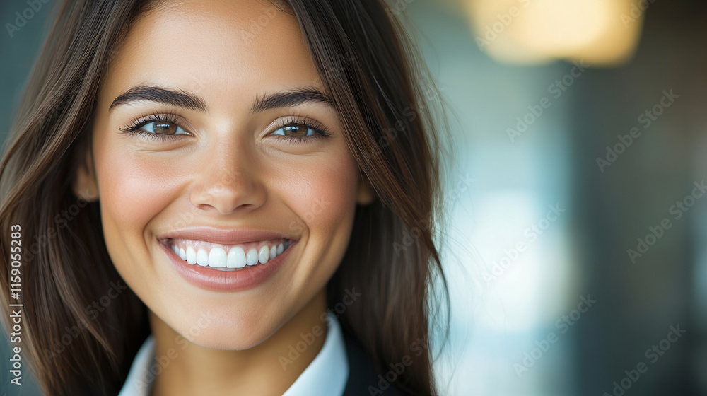 Fototapeta premium Headshot close up face portrait of young happy smiling Hispanic businesswoman, female company worker or corporate manager, confident business woman entrepreneur looking at camera at work in office
