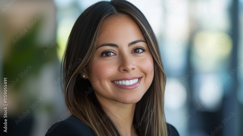 Fototapeta premium Headshot close up face portrait of young happy smiling Hispanic businesswoman, female company worker or corporate manager, confident business woman entrepreneur looking at camera at work in office