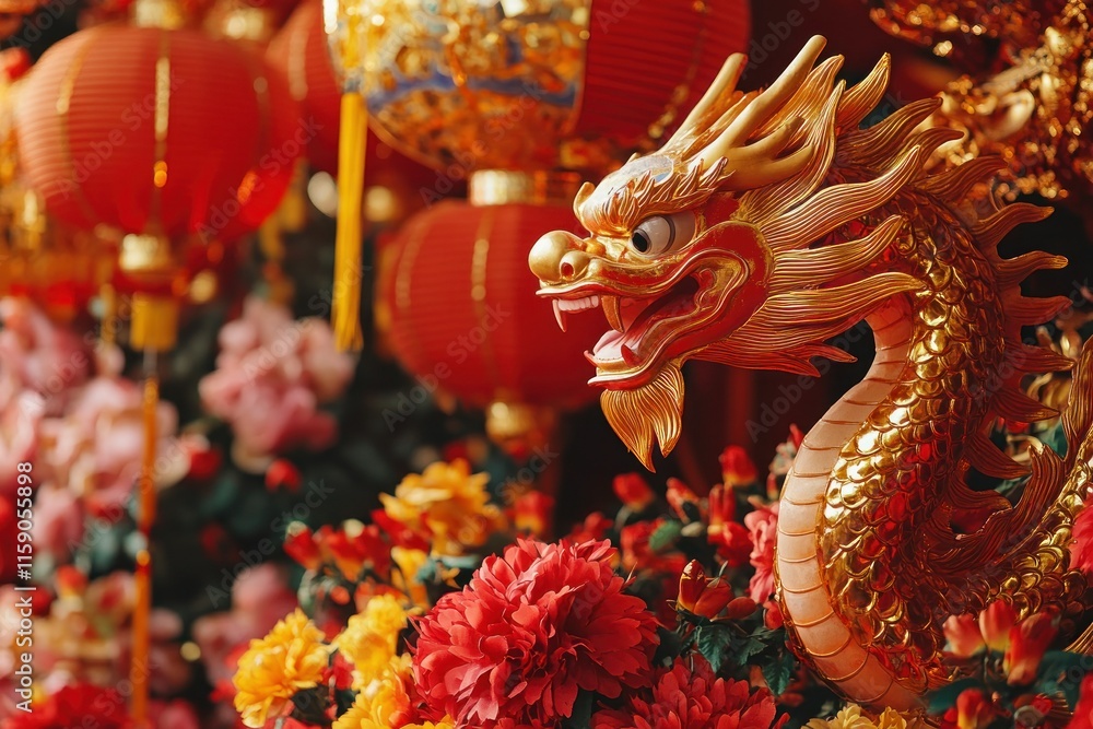 Fototapeta premium Elegant Golden Dragon with Lanterns and Flowers