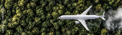 Aerial view of airplane flying over forest