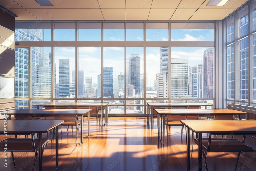 Empty Classroom with City Skyline View Through Large Windows Empty Classroom with City Skyline View Through Large Windows
