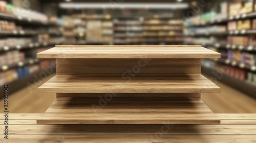 Empty three-tiered wooden shelf in blurred supermarket. Ideal for showcasing products or displaying merchandise in retail settings. photo