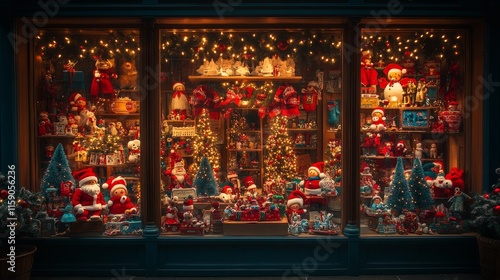 Christmas window display filled with festive decorations