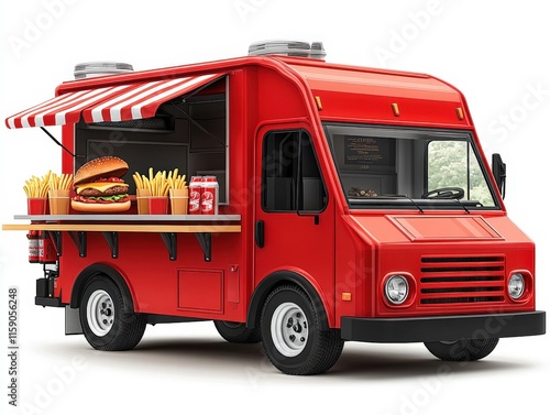 Red food truck with burger, fries, and drinks.