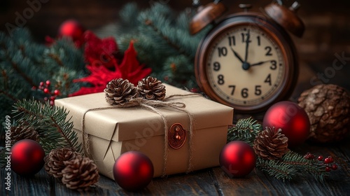 Christmas gift with decorations and vintage clock