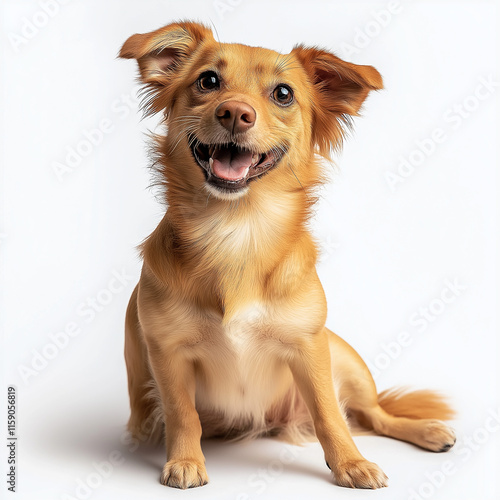 Adorable small brown dog sitting and panting on white background