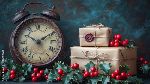 Vintage clock with Christmas gifts and holly decorations