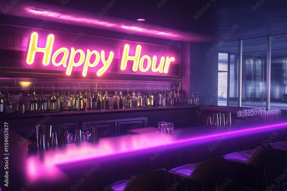 Neon lights illuminate bar area, creating vibrant atmosphere for Neon lights illuminate bar area, creating vibrant atmosphere for