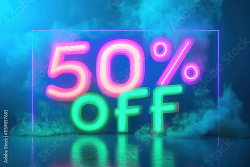 Bright neon text announces bold discount, surrounded by colorful photo