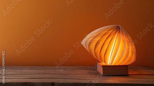 A charming book-shaped lighting lamp on a rustic wooden table against a warm orange background