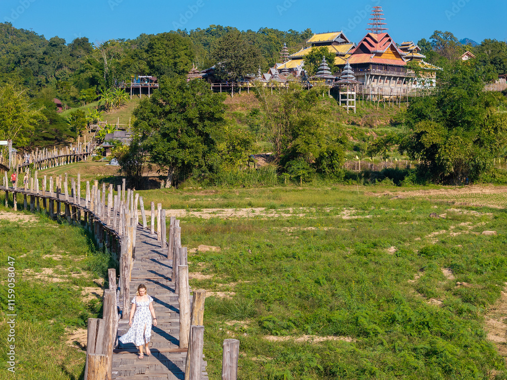 Aerial view of the Bamboo Bridge and Buddhist temple in northern Thailand near Mae Hong Son Aerial view of the Bamboo Bridge and Buddhist temple in northern Thailand near Mae Hong Son