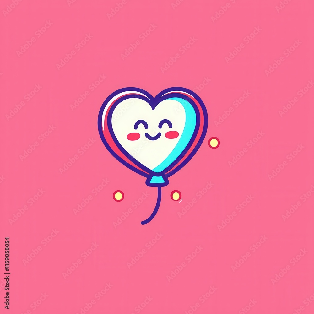 A flat design cartoon vector of a cheerful heart-shaped balloon with tiny glowing strings, set on a pastel pink and red gradient background for a romantic and whimsical aesthetic. A flat design cartoon vector of a cheerful heart-shaped balloon with tiny glowing strings, set on a pastel pink and red gradient background for a romantic and whimsical aesthetic.