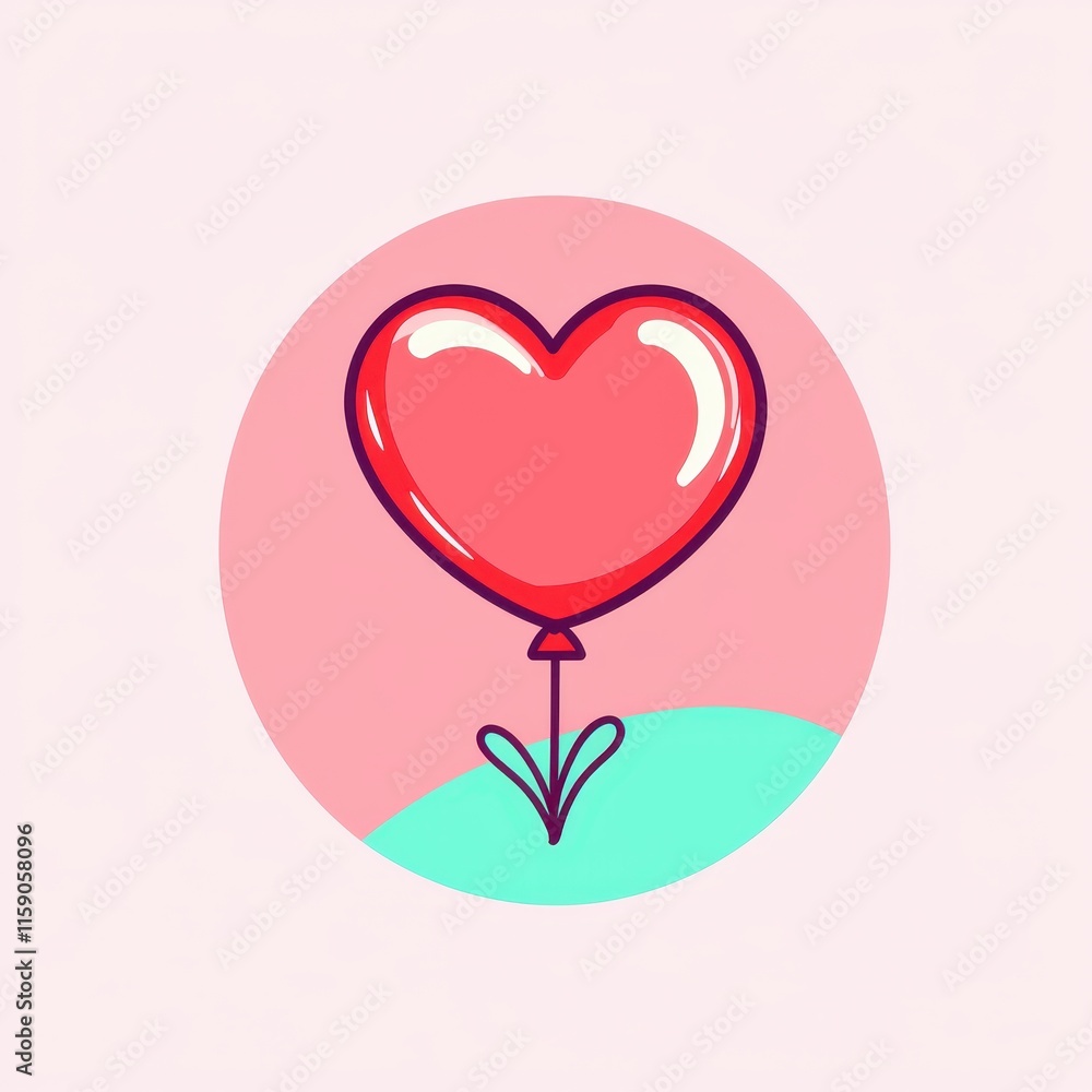 A flat design cartoon vector of a cheerful heart-shaped balloon with tiny glowing strings, set on a pastel pink and red gradient background for a romantic and whimsical aesthetic. A flat design cartoon vector of a cheerful heart-shaped balloon with tiny glowing strings, set on a pastel pink and red gradient background for a romantic and whimsical aesthetic.