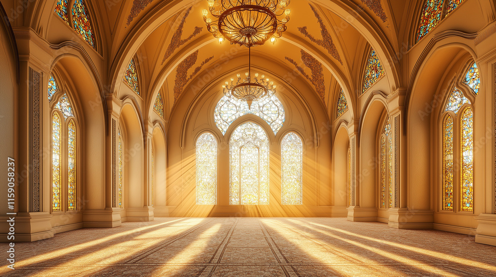 3D rendered interior of a majestic mosque, Islamic background. 3D rendered interior of a majestic mosque, Islamic background.